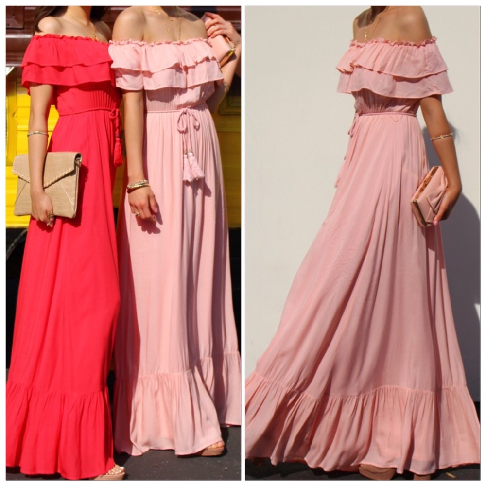 🆕Pink Off The Shoulder Flounced Flowy Ruffled Maxi Dress With Tasseled Belt - Picture 4 of 14